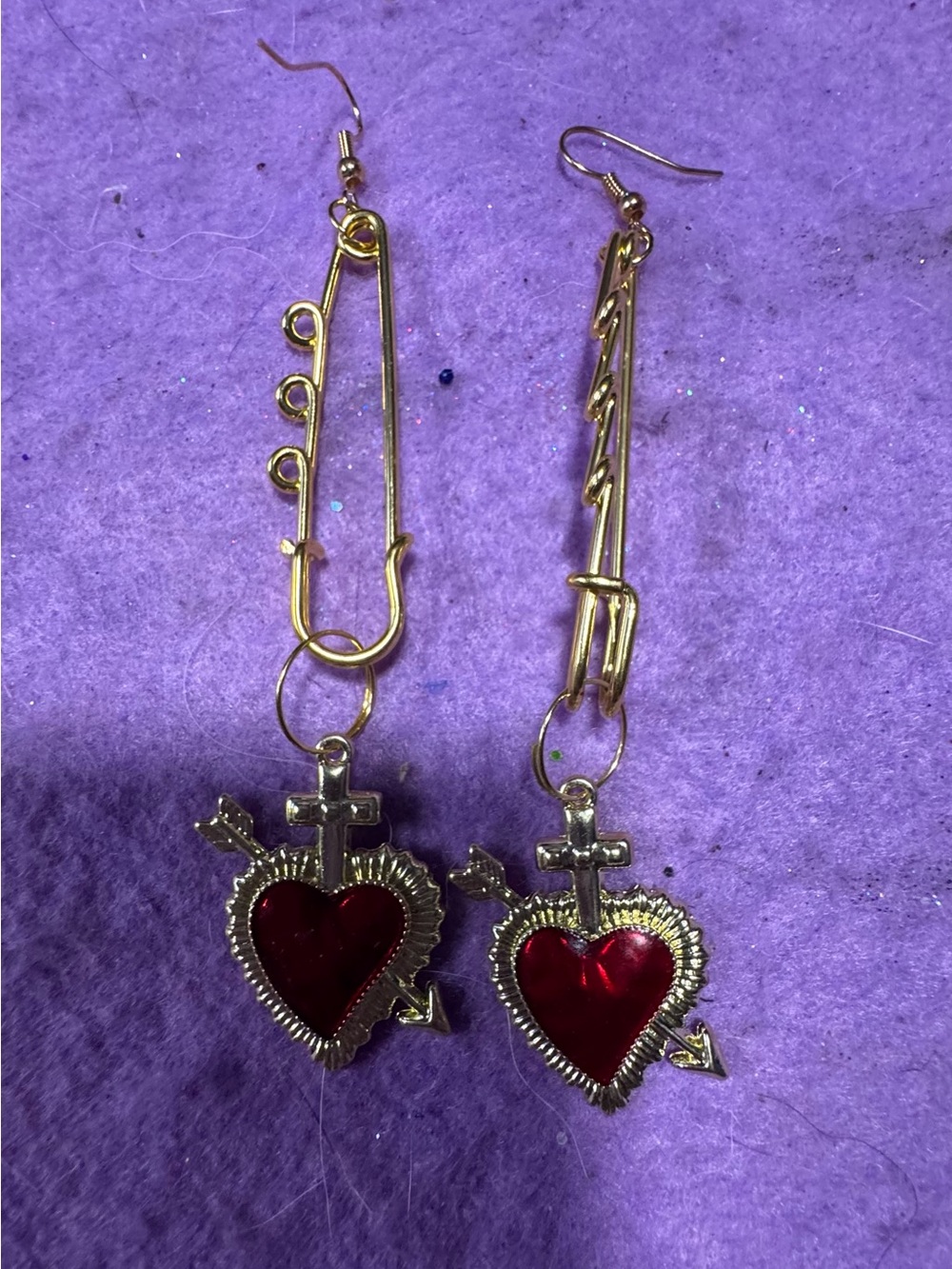 Gold Sacred Heart Red safety pin Drop Earrings - Women Jewelry
